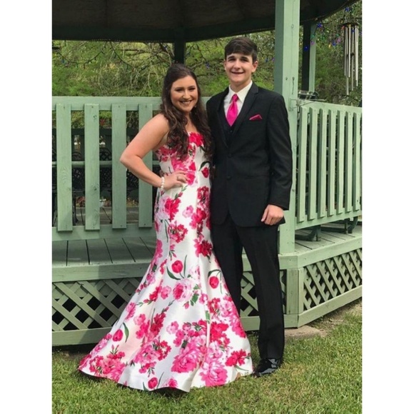 strapless open back dress Light Pink Floral Skirt Prom Dress – misaislestyle main image 0